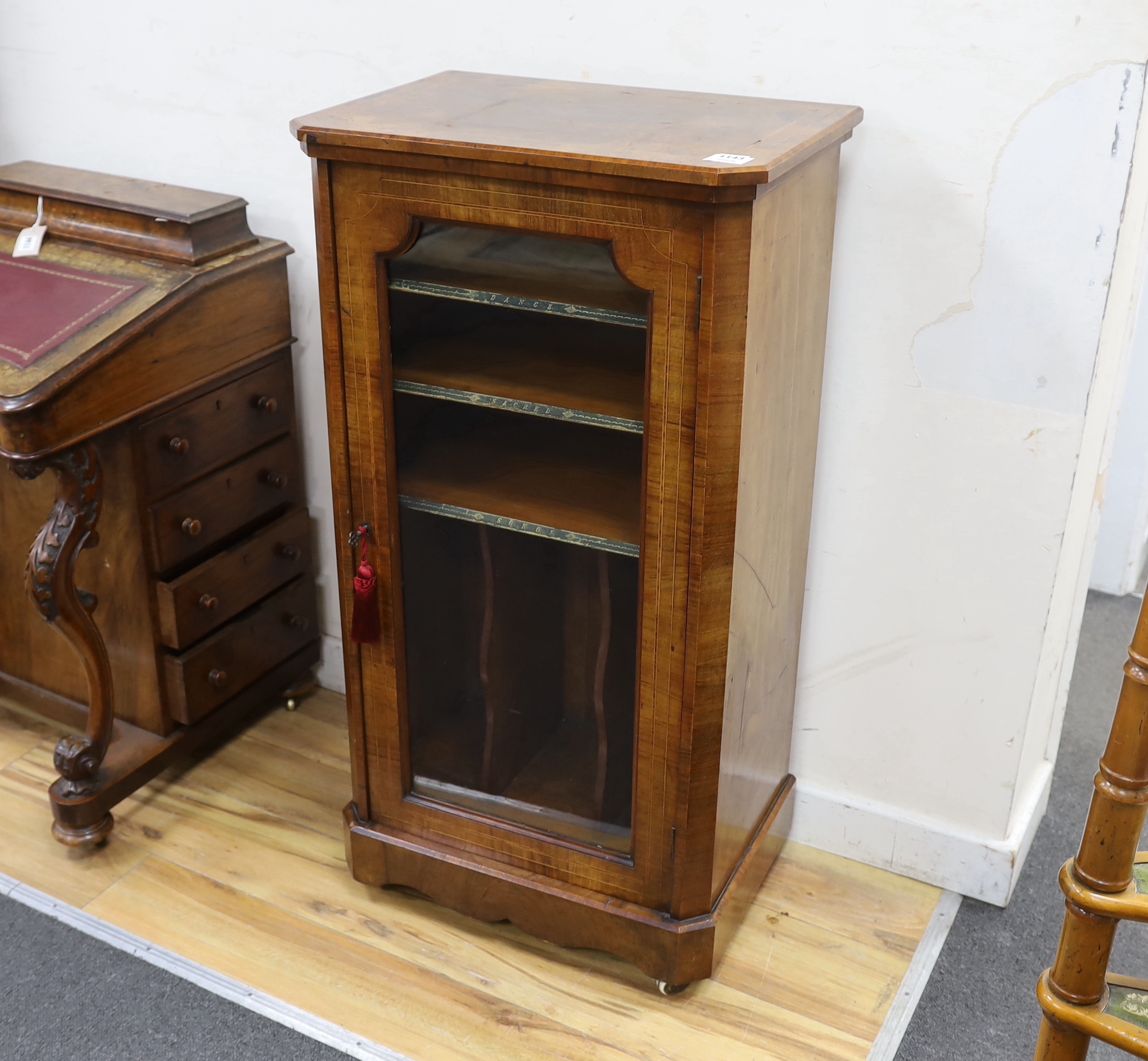 A Victorian banded burr walnut music cabinet, width 54cm, depth 38cm, height 104cm